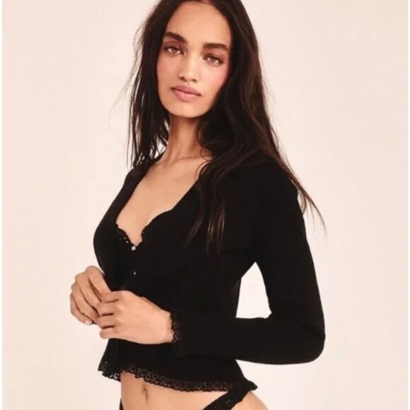 For Love & Lemons Black Ribbed Cropped Nina Cardigan Size Medium - Picture 2 of 10